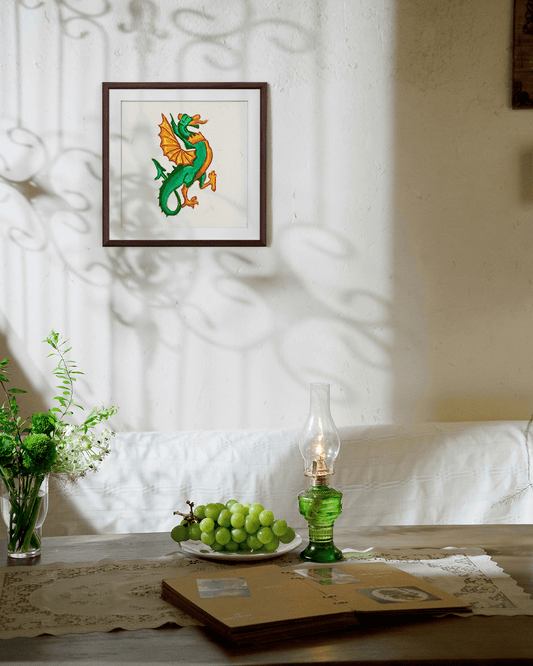 Green and Gold Dragon Wall Art Print - 8x8" Size