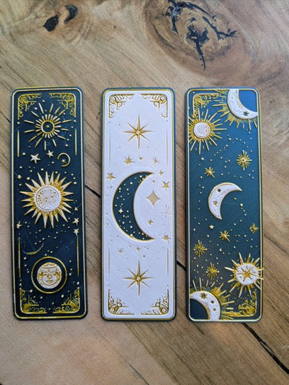 Celestial 3D Printed Moon & Sun Boho Bookmarks | Starry Night & Radiant Sun Designs | Handmade Bookmark Art