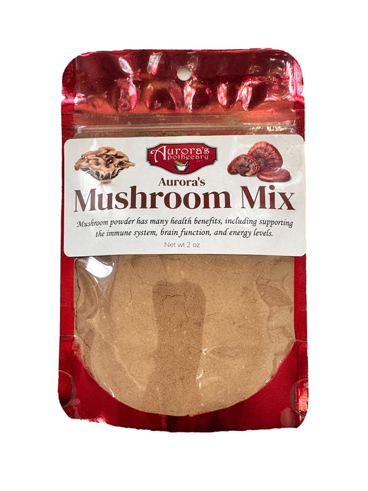 Aurora’s Mushroom Mix – Herbal, a powerful blend of Maitake, Reishi, Lion’s Mane, and Chaga mushroom powders for immune, brain, and overall wellness support.