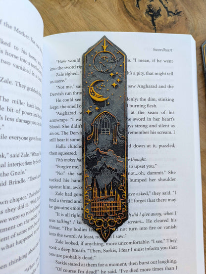 Celestial Gothic Castle Bookmarks – Handcrafted Elegant Black & Gold Magic Themed Bookmarks