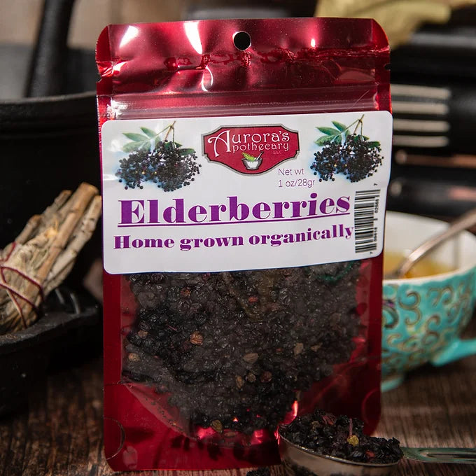 Dried elderberries for immune support and cold & flu season, displayed on a wooden surface.