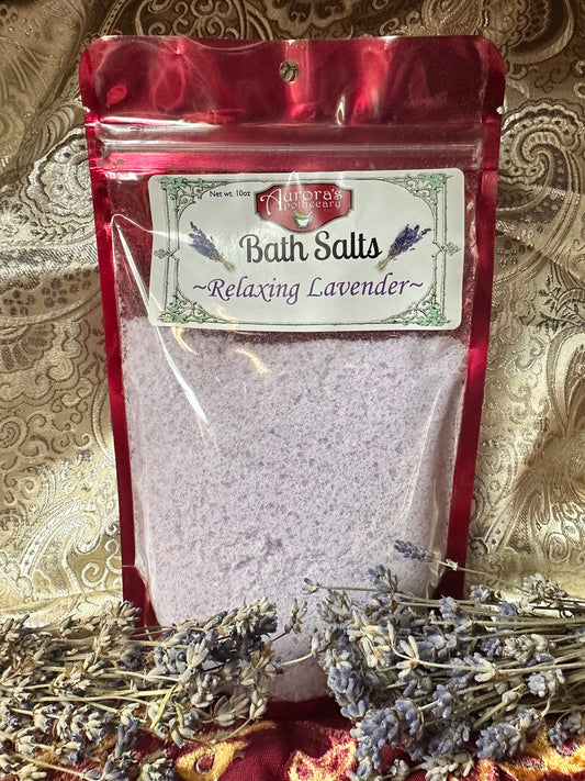 Lavender Bath Salts in a resealable bag, featuring a soothing blend of Epsom salt, lavender essential oil, and baking soda for ultimate relaxation and skin care.