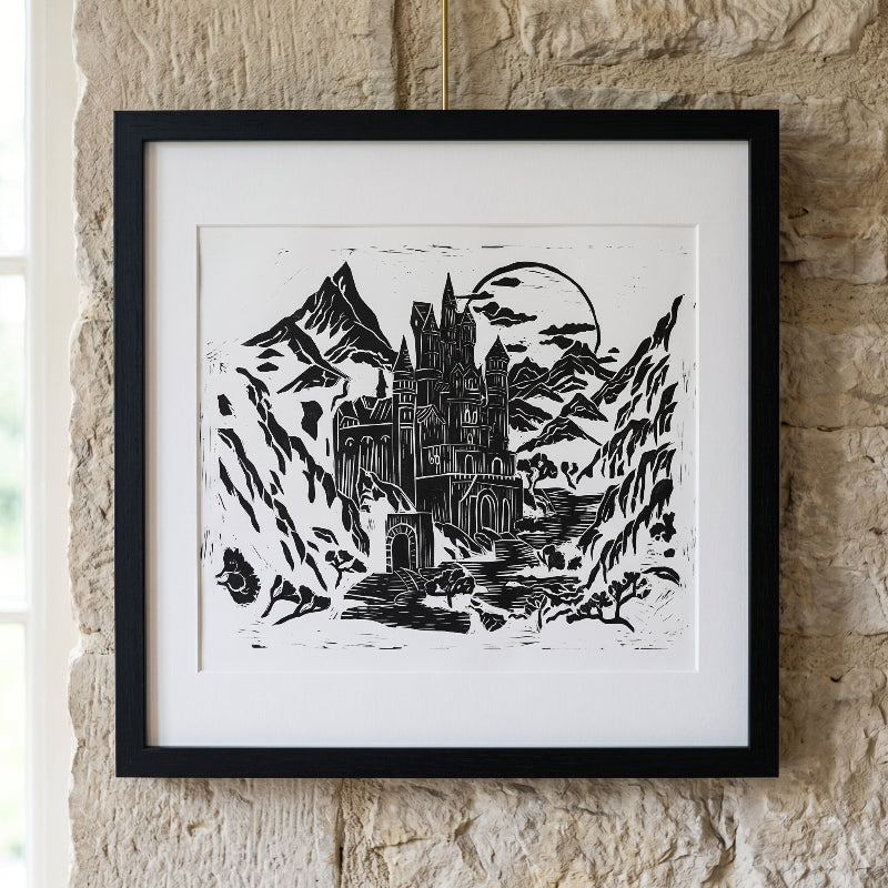Moonlit Mountain Keep Original Linocut Art 11x14 Collector