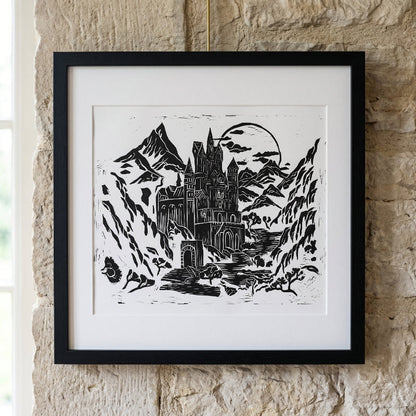 Moonlit Mountain Keep Original Linocut Art 11x14 Collector