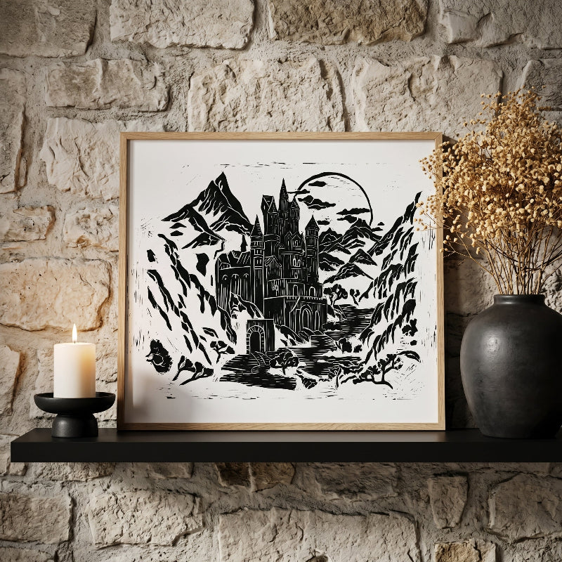 Moonlit Mountain Keep Original Linocut Art 11x14 Collector