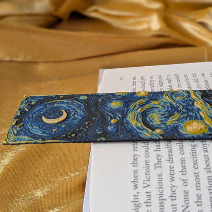 Starry Night Spiral Bookmark, Crescent Moon, Slim Art Bookmark