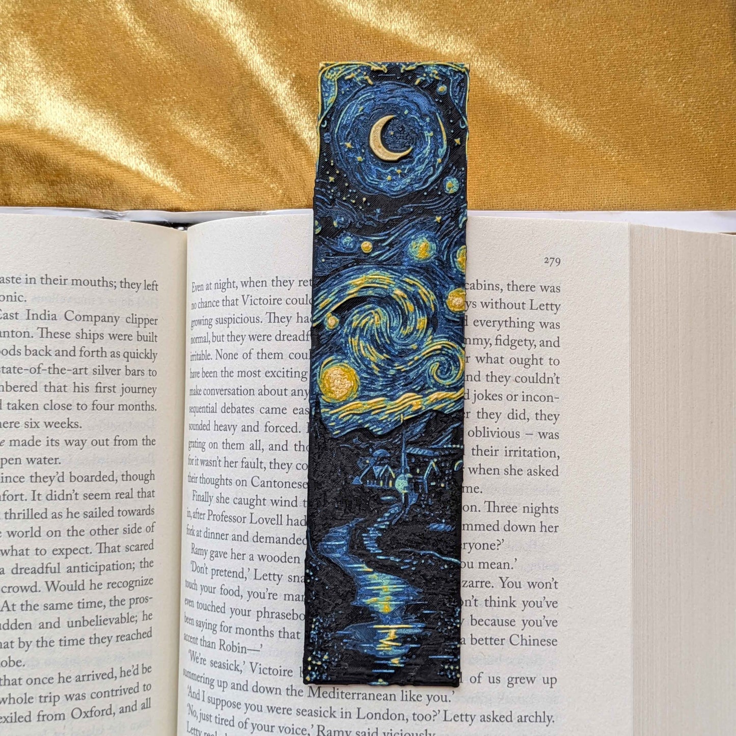 Starry Night Spiral Bookmark, Crescent Moon, Slim Art Bookmark